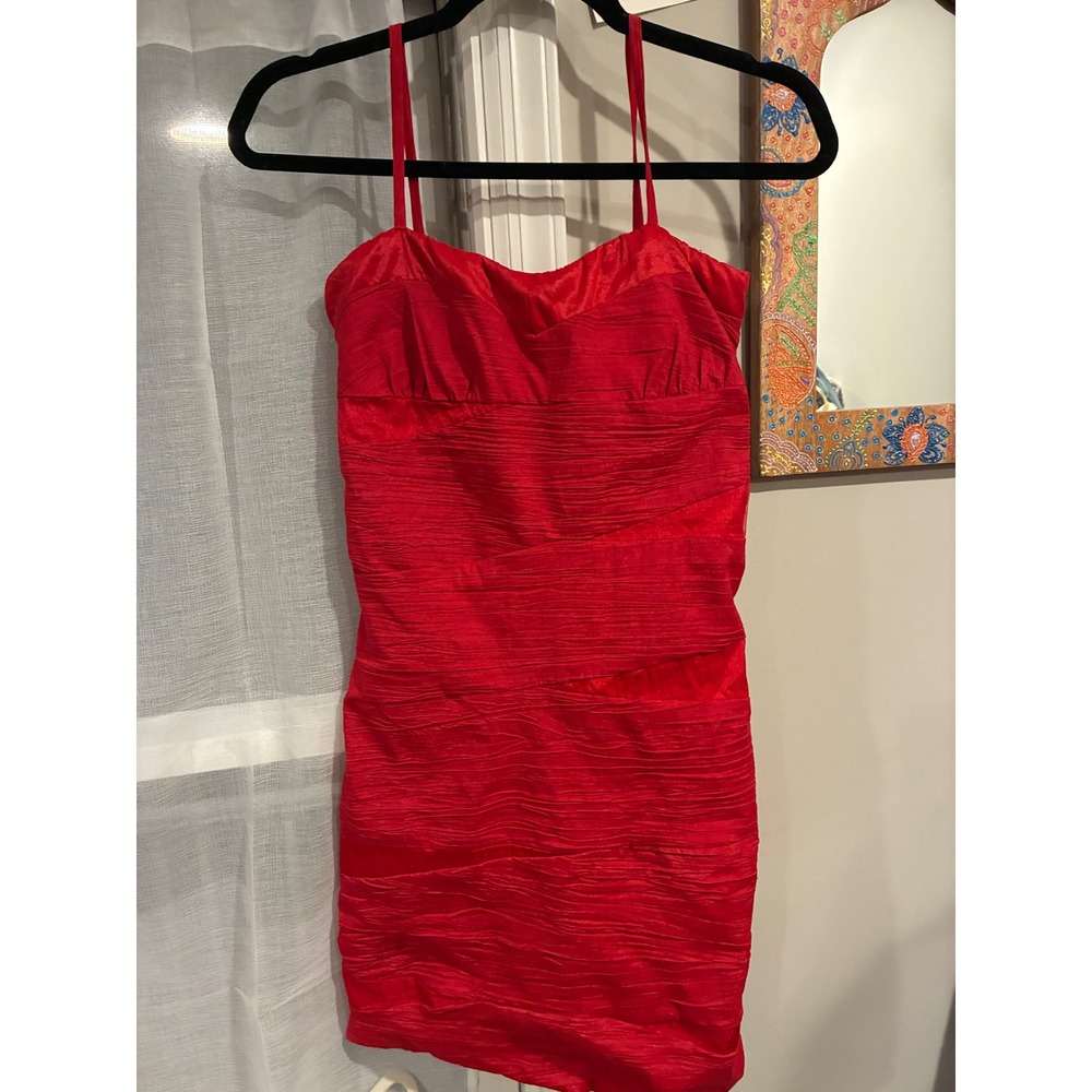 Snap Red Pleated Bodycon Mini Dress Spaghetti Strap Sweetheart Neck Size L